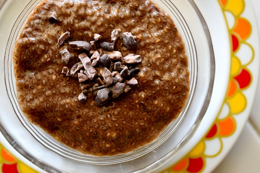 Chia seed pudding with chocolate chunks on top made with black tea 