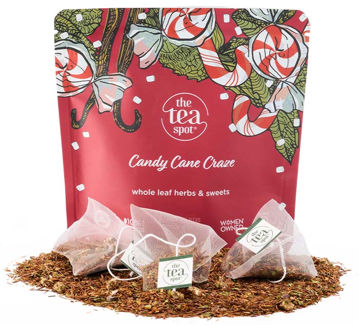 candy cane craze holiday dessert treat in a cup red bag with tea bags in front