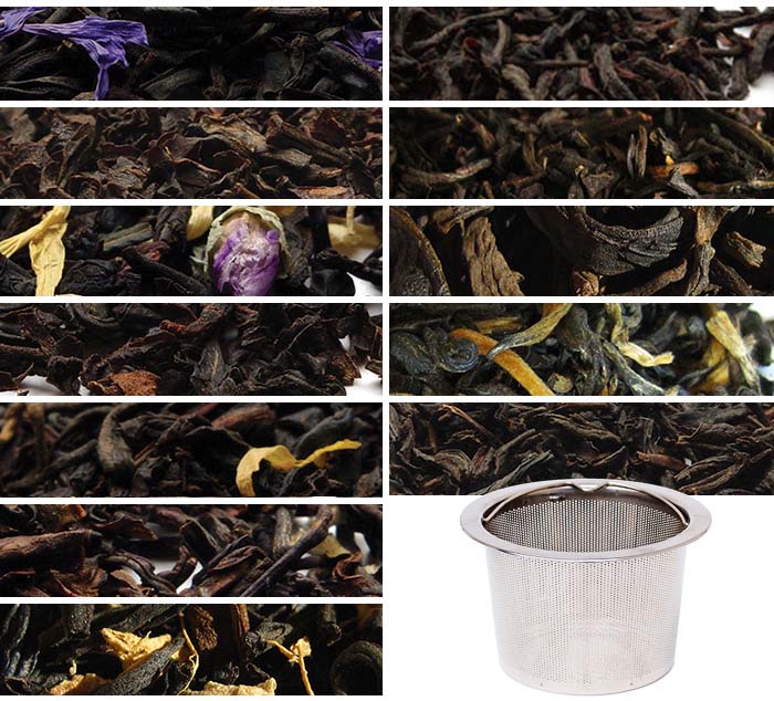 an image of multiple loose leaf black teas with a stainless steel filter