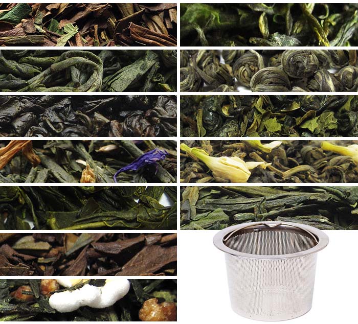 various loose leaf green teas with a stainless steel tea filter. Green tea subscription