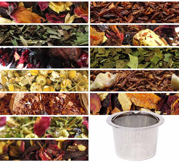 various herbal teas and decaf teas with a stainless steel filter for loose leaf tea